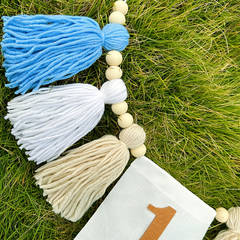 Guirnalda de borlas boho azul para decoraciones de primer cumpleaños para niños