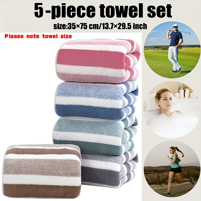 Set of 5 Ultra-Soft Quick-Dry Striped Bath Towels 35x75cm for Home Gym Spa