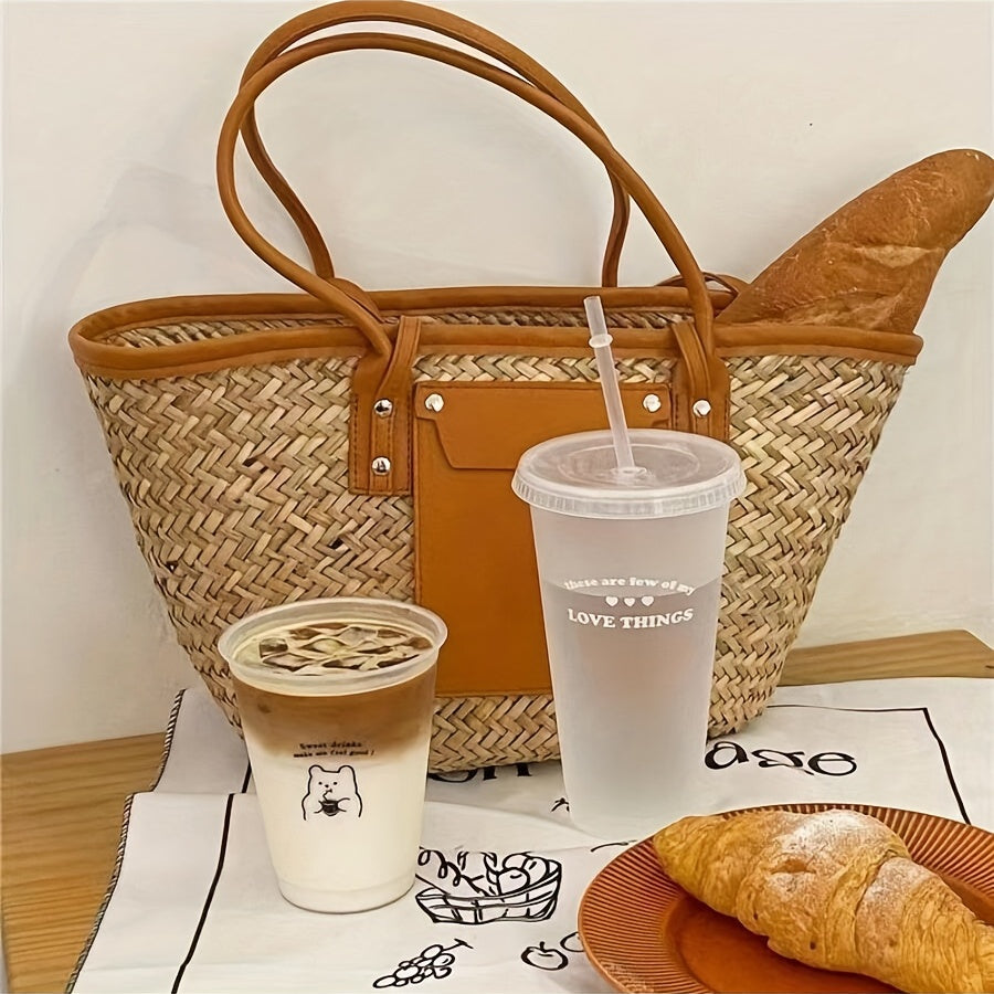 Large Capacity Bear and Love Print Plastic Coffee Mug with Straw Reusable Shatterproof