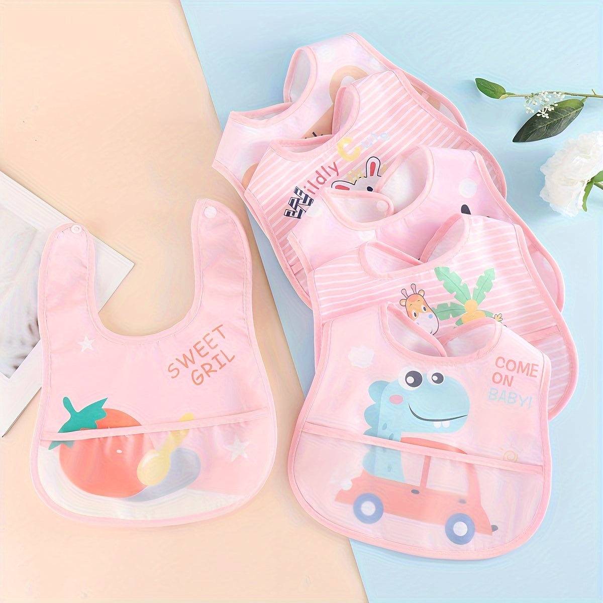 Baby Bib Set Waterproof Sleeveless Back-Wear for Kids and Infants 3 or 5 Pieces