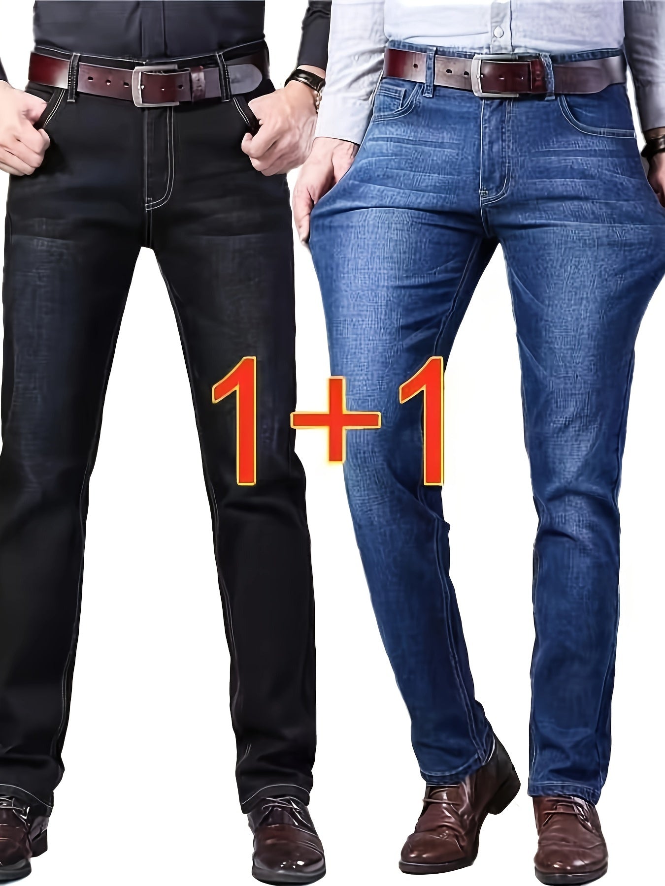 Men's Black Denim Trousers Set for Spring and Autumn Regular Fit All-Season