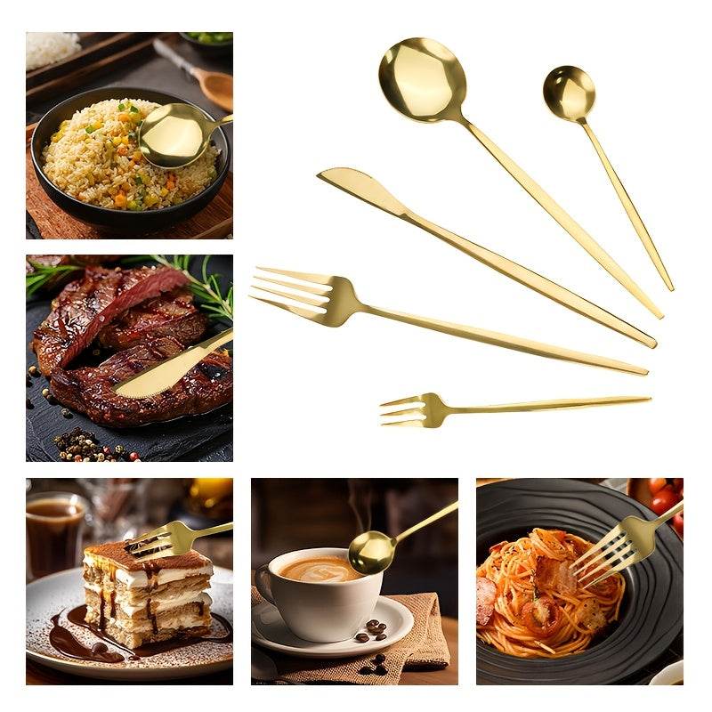 30pc Golden Stainless Steel Flatware Set Rust-Resistant Cutlery for Home Kitchen Restaurant