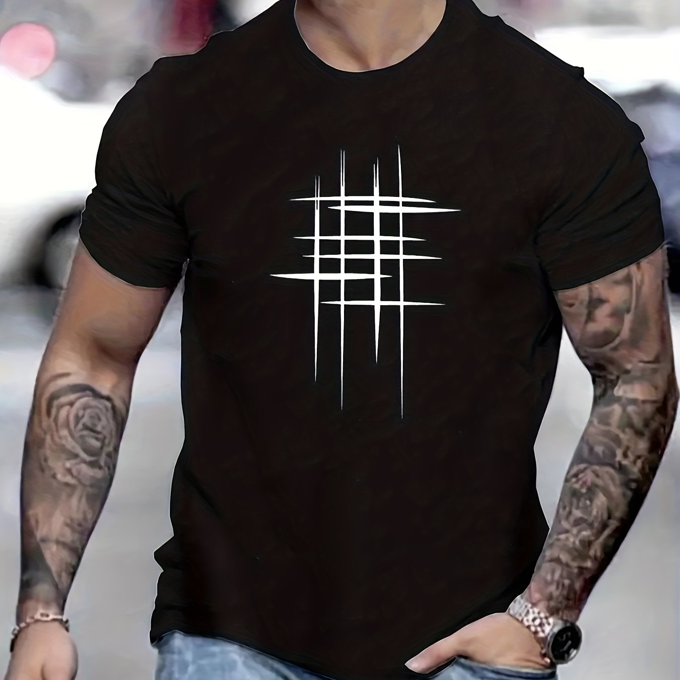 Men's Short Sleeve T-Shirt Crew Neck Geometric Black Line Polyester Casual Summer