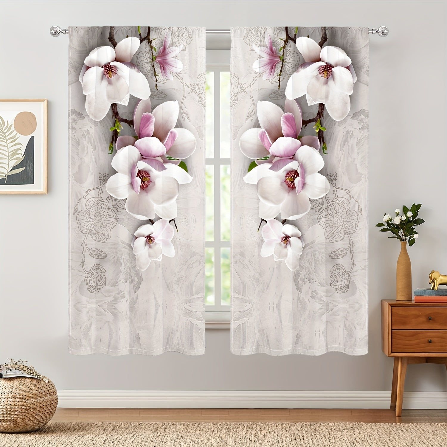 Set of 2 Magnolia Patterned Semi-Blackout Curtains with Rod Pocket for Bedroom Living Room Kitchen