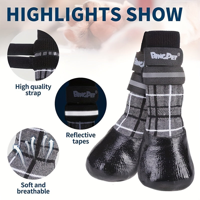 Waterproof Dog Socks with Reflective Straps Plaid Pattern for All Seasons Small to Large Dogs