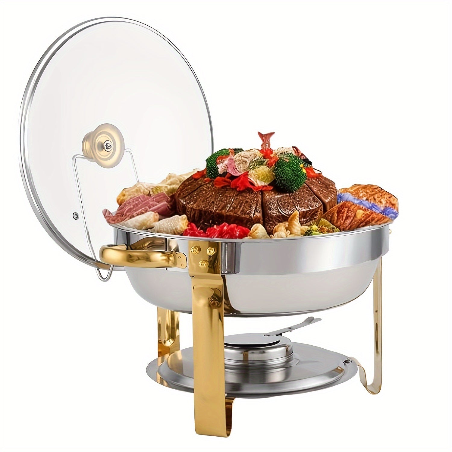 Set of Four 4-Quart Gold Chafing Dishes with Glass Lids and Lid Holders