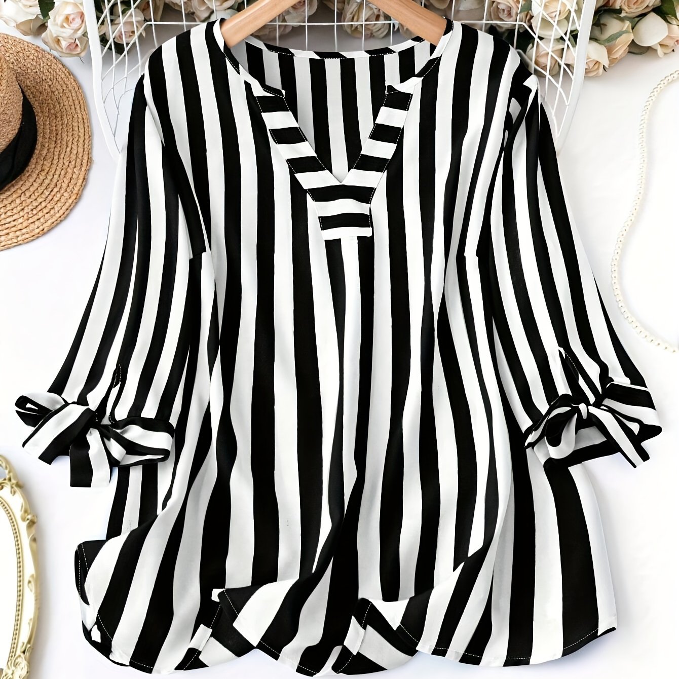 Plus Size Striped V-Neck Blouse with Tie Hem Long Sleeves Pockets