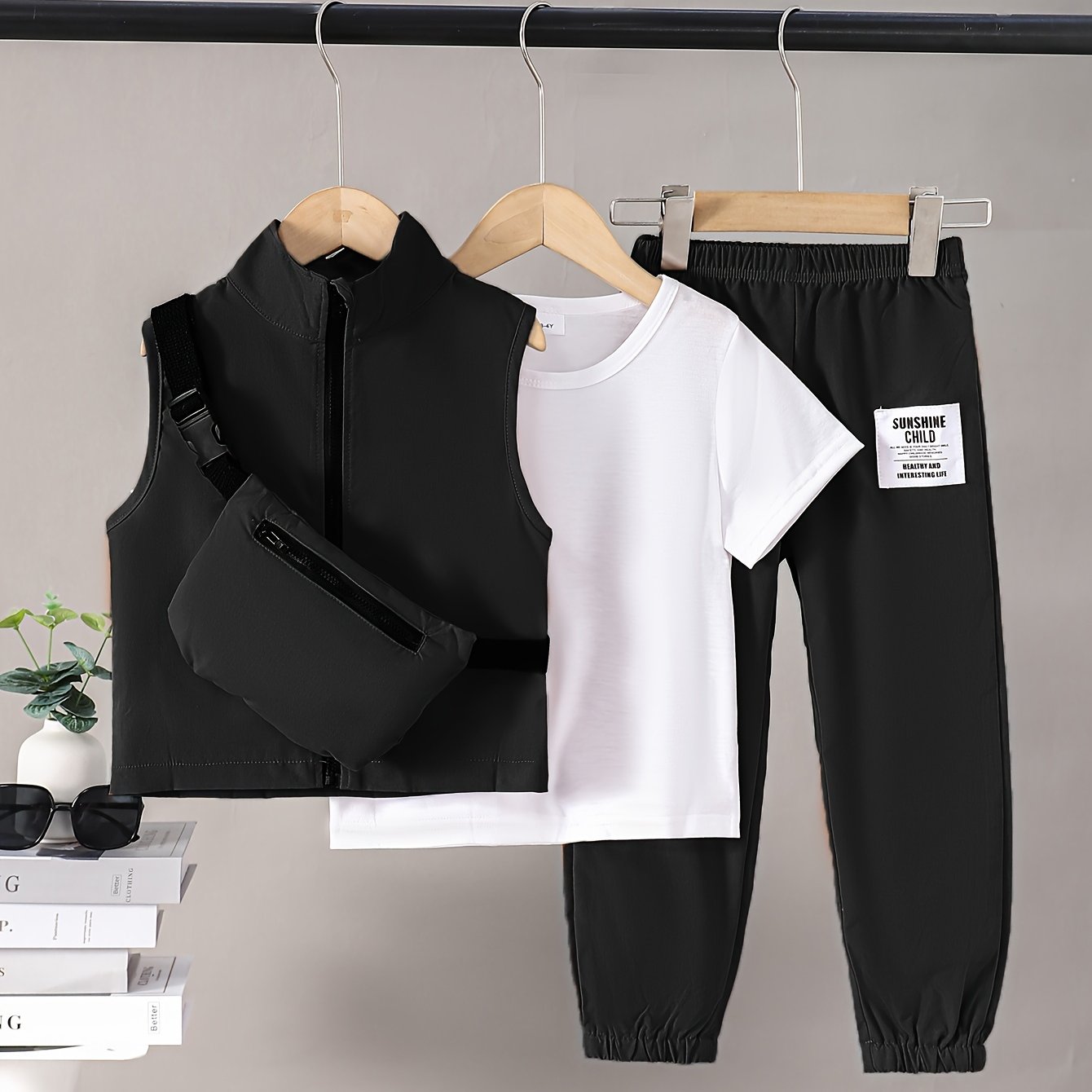 Boys Spring Outfit 4-Piece Set Short Sleeve T-Shirt Sleeveless Vest Cargo Pants Crossbody Bag Kids Casual