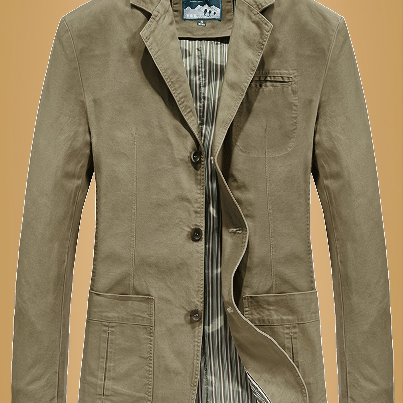 Erkaklar uchun tasodifiy paxta jakketi, yetuk uslubda, bir rangda, bitta tugmachali dizayn, notchli yaka, qo'ltiq ventilyatsiyasi, tugmachali yopish, cho'ntaklar va oddiy moslik.