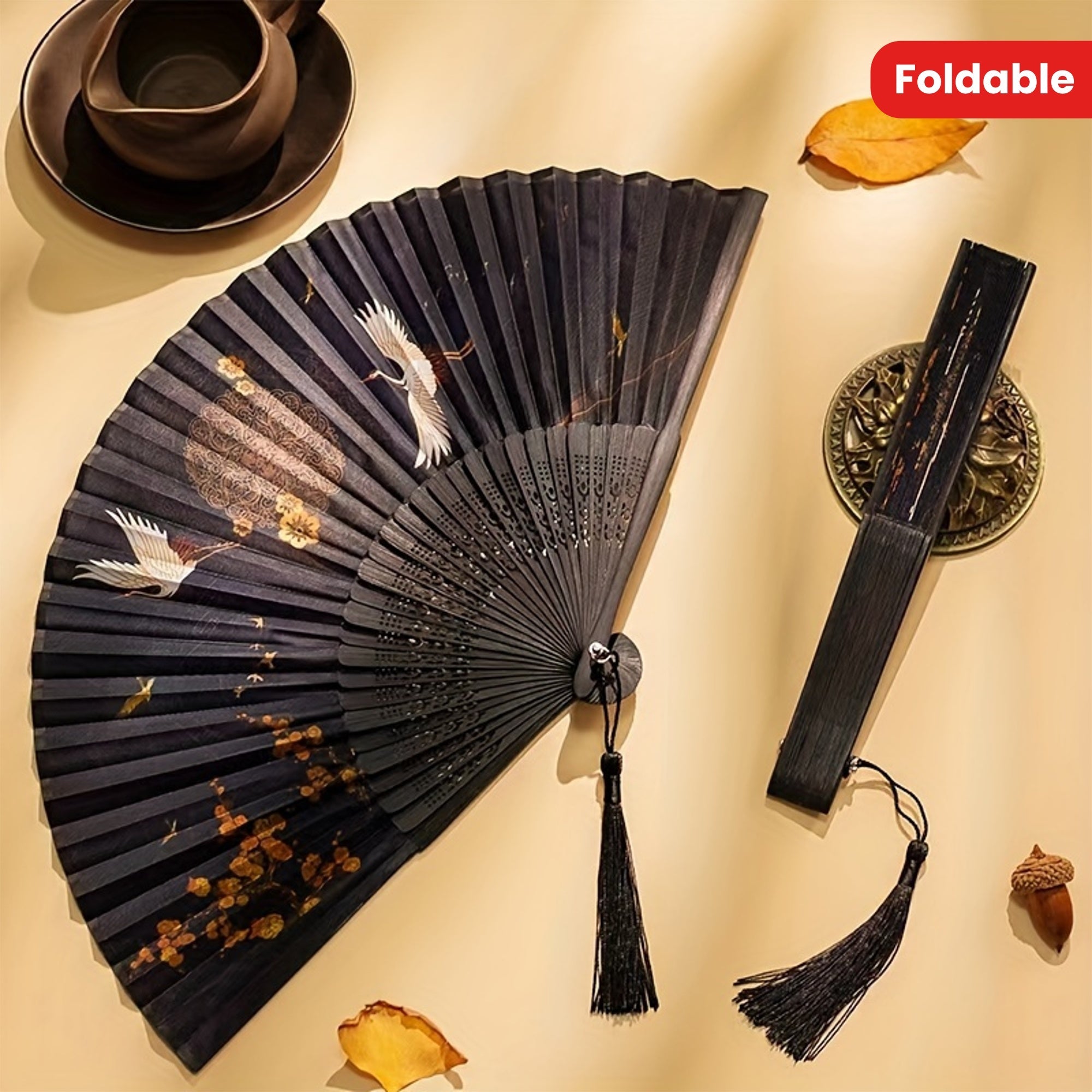 Vintage Chinese Silk Folding Fan with Traditional Costume Style Tassel for Summer Cooling and Dance