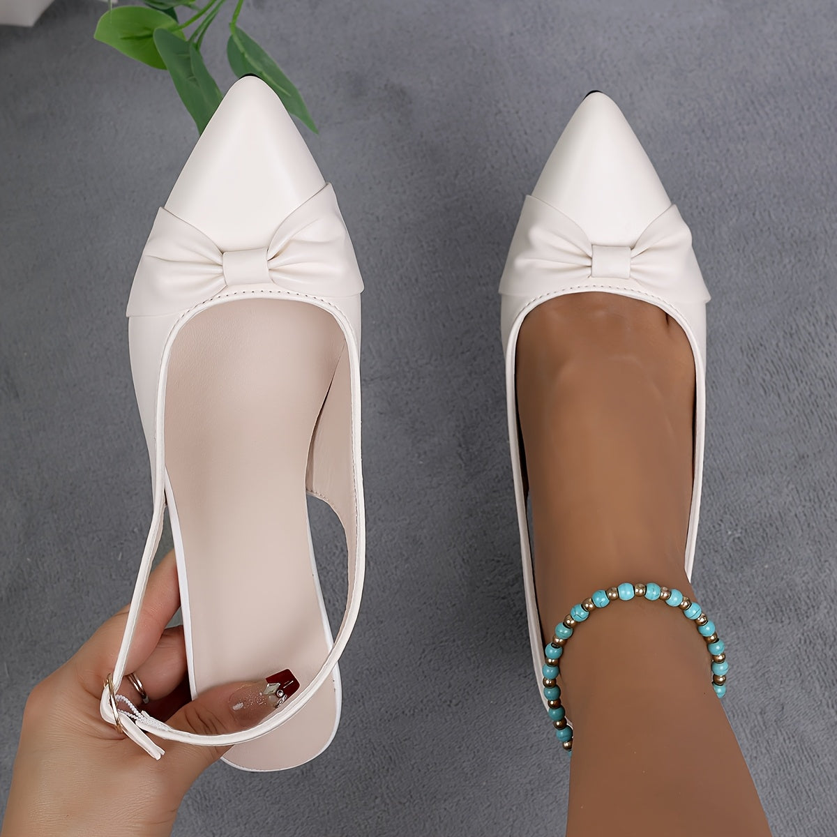 Women’s Faux Leather Slingback Sandals With Pointed Toe and Bow Detail