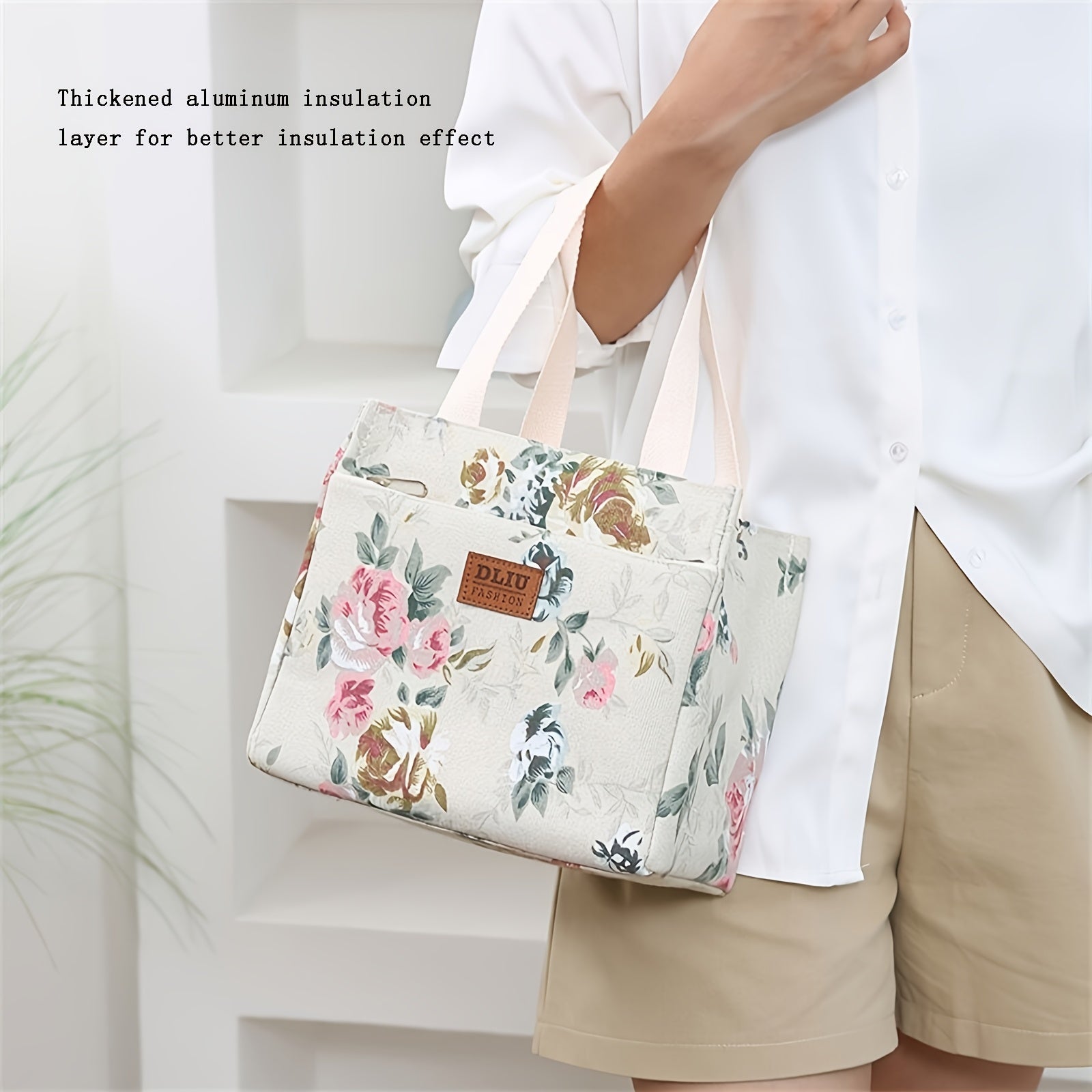 Insulated Floral Lunch Bag with Aluminum Foil, Thermal Tote for Picnics and Travel