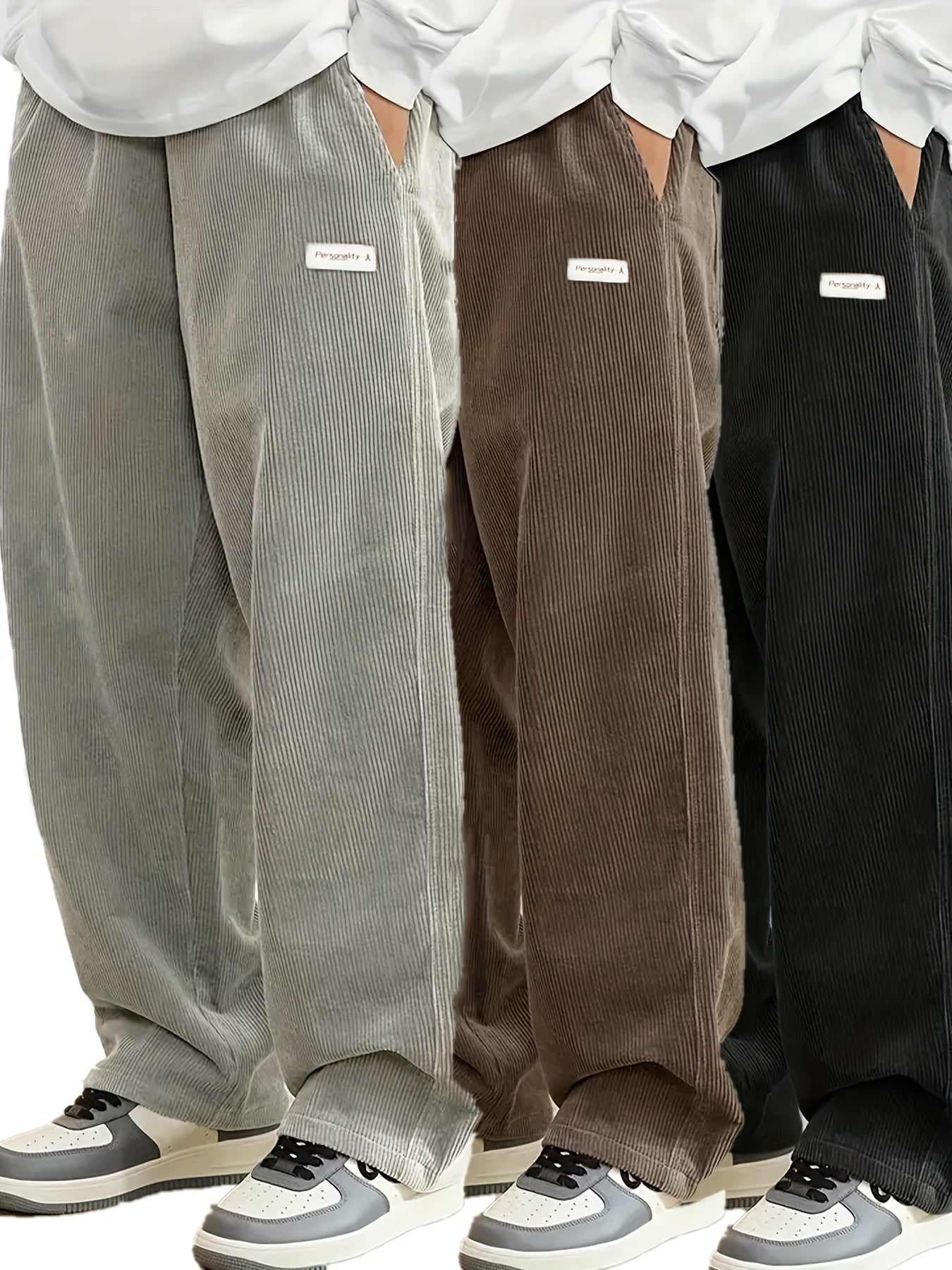 Men's Corduroy Pants Set 3 Pieces Fall Winter Loose Fit Straight Leg Polyester Alphabet Details