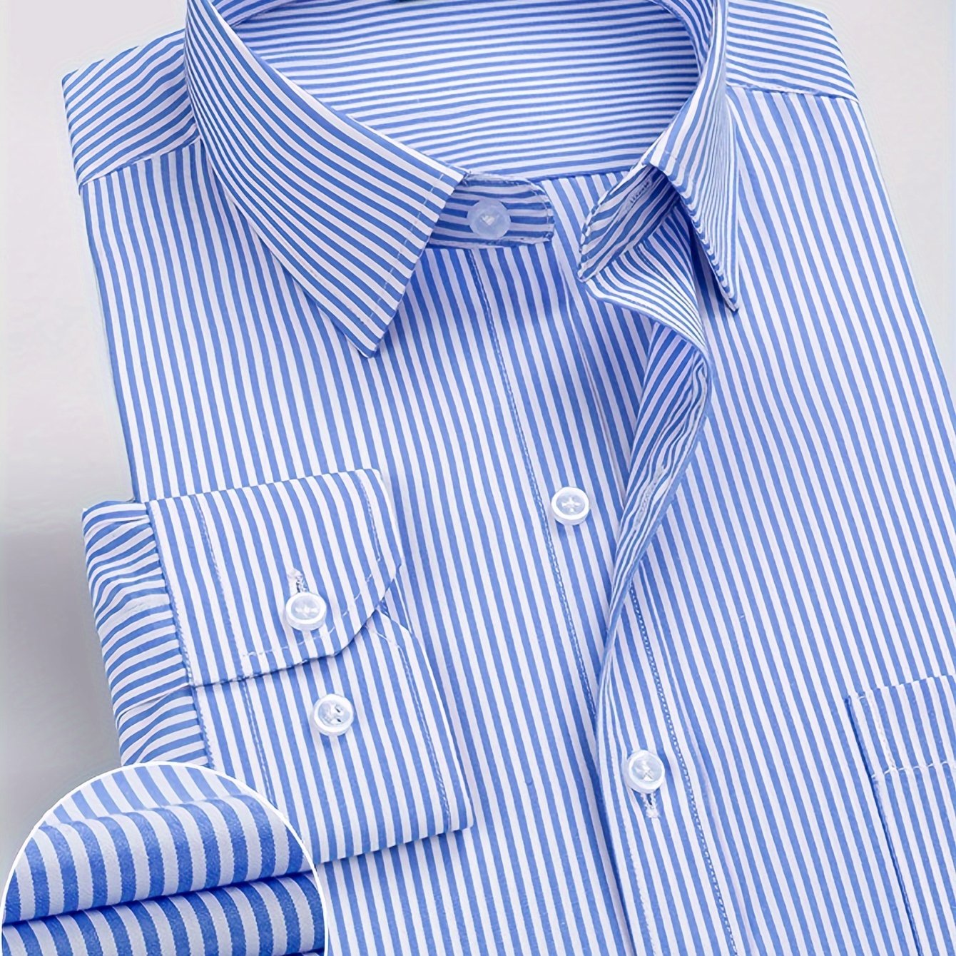 Men's Business Casual Long Sleeve Striped Shirt with Buttons and Lapel Collar