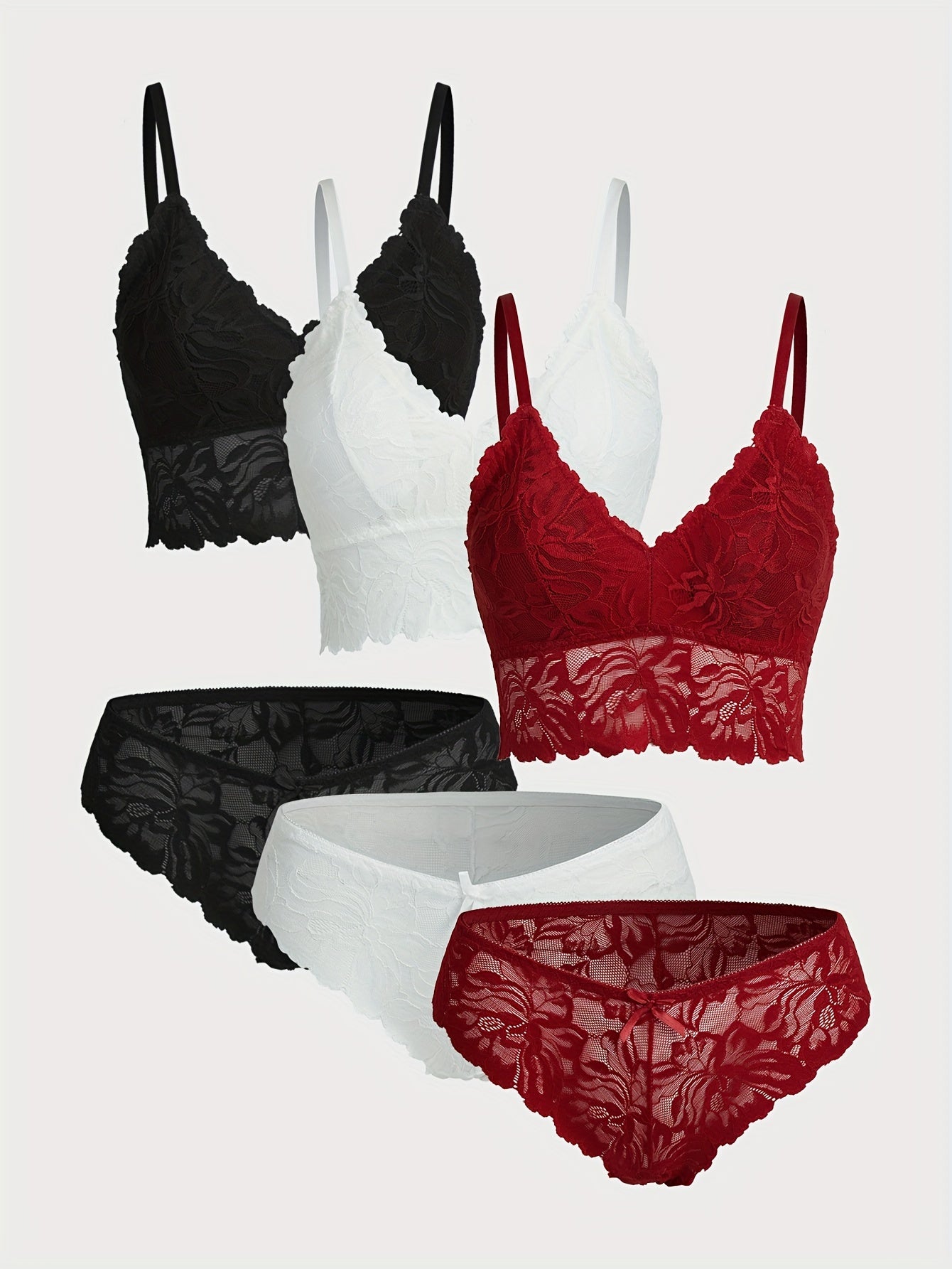 Women's Floral Lace Lingerie Set with Push Up Bra and Bow Panties
