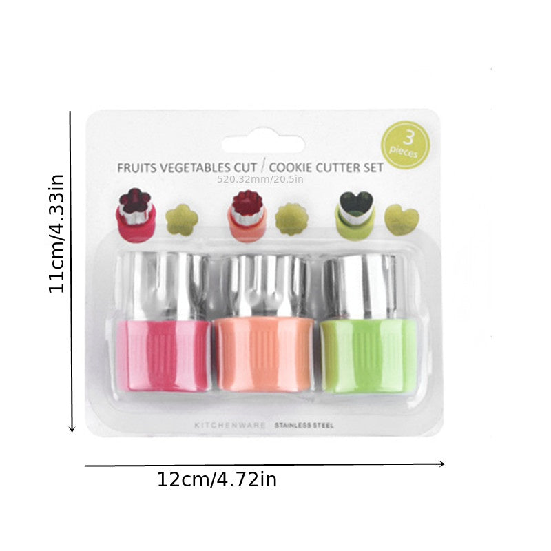 Bolalar uchun qo'l himoyachilari bilan 3 ta rangli zanglamaydigan po'latdan yasalgan meva va sabzavotlarni kesish uchun set