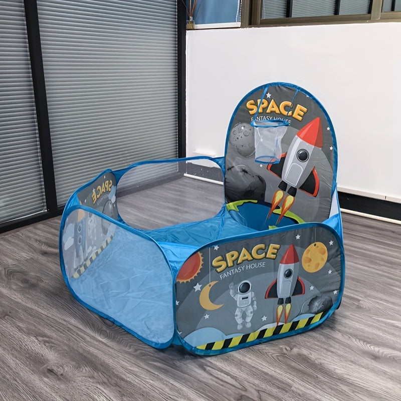 Bolalar uchun ko‘k polyester kosmik mavzuli to‘p o‘yin maydonchasi chodiri, ichki o‘yin uchun, yig‘iladigan va portativ