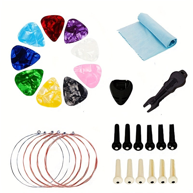 Set de accesorios para guitarra para principiantes incluye cuerdas, púas, afinador y herramientas en color aleatorio