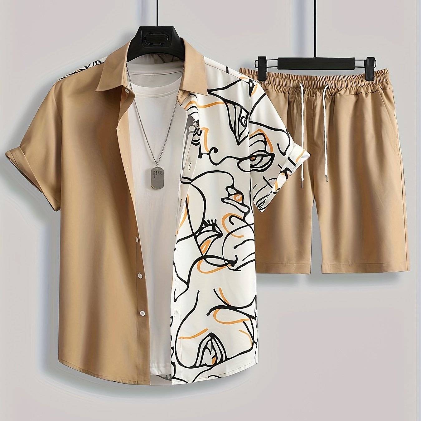 Men's Beige Geometric Pattern Polyester Shirt and Shorts Set All-Season Casual