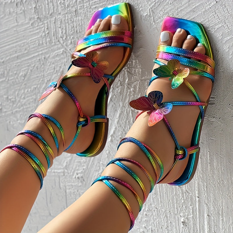 Women's 3D Butterfly Decor Flat Sandals Crisscross Straps Beach Shoes