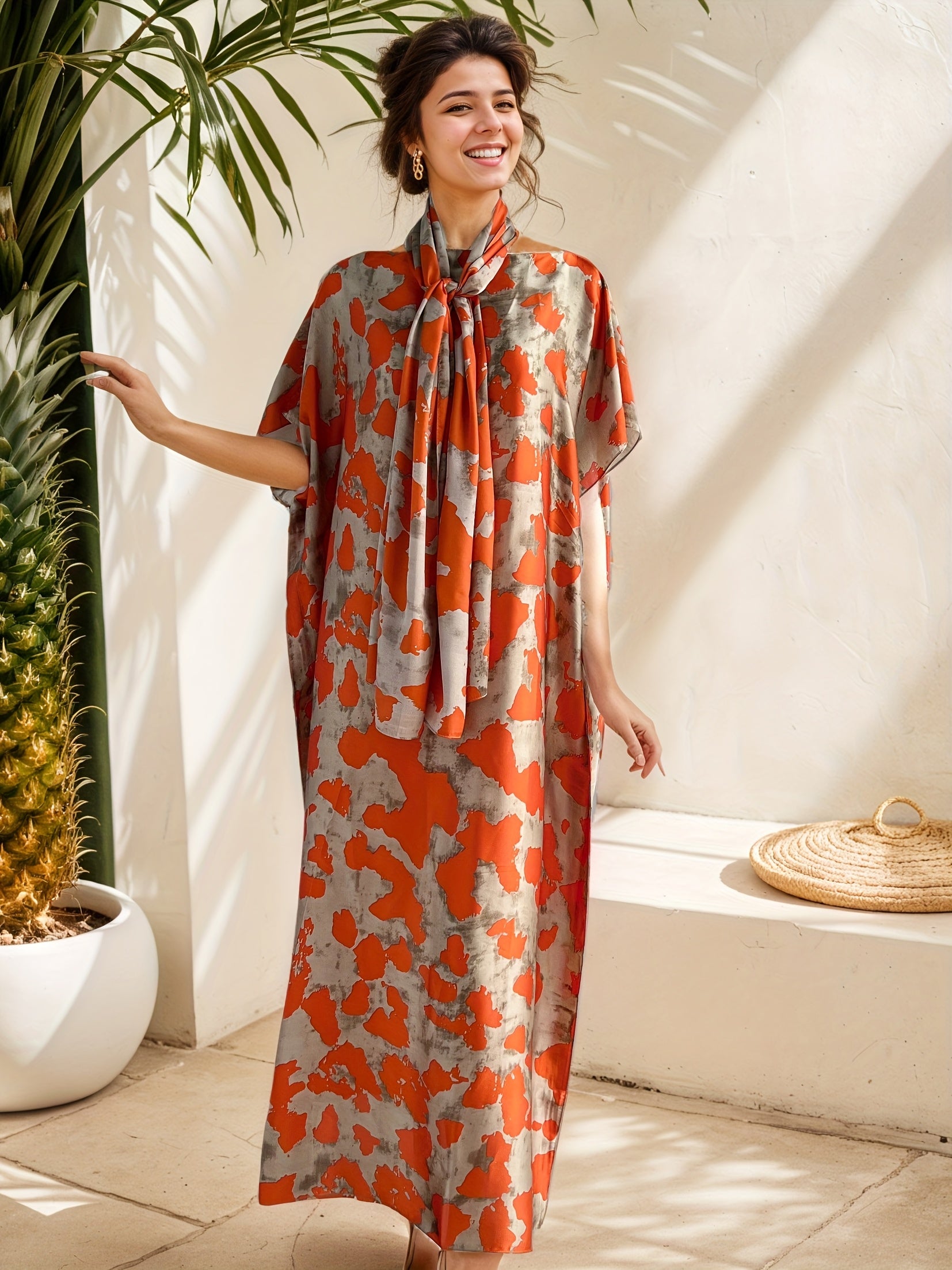 Women's Plus Size Floral Print Maxi Dress with Scarf Orange Polka Dots