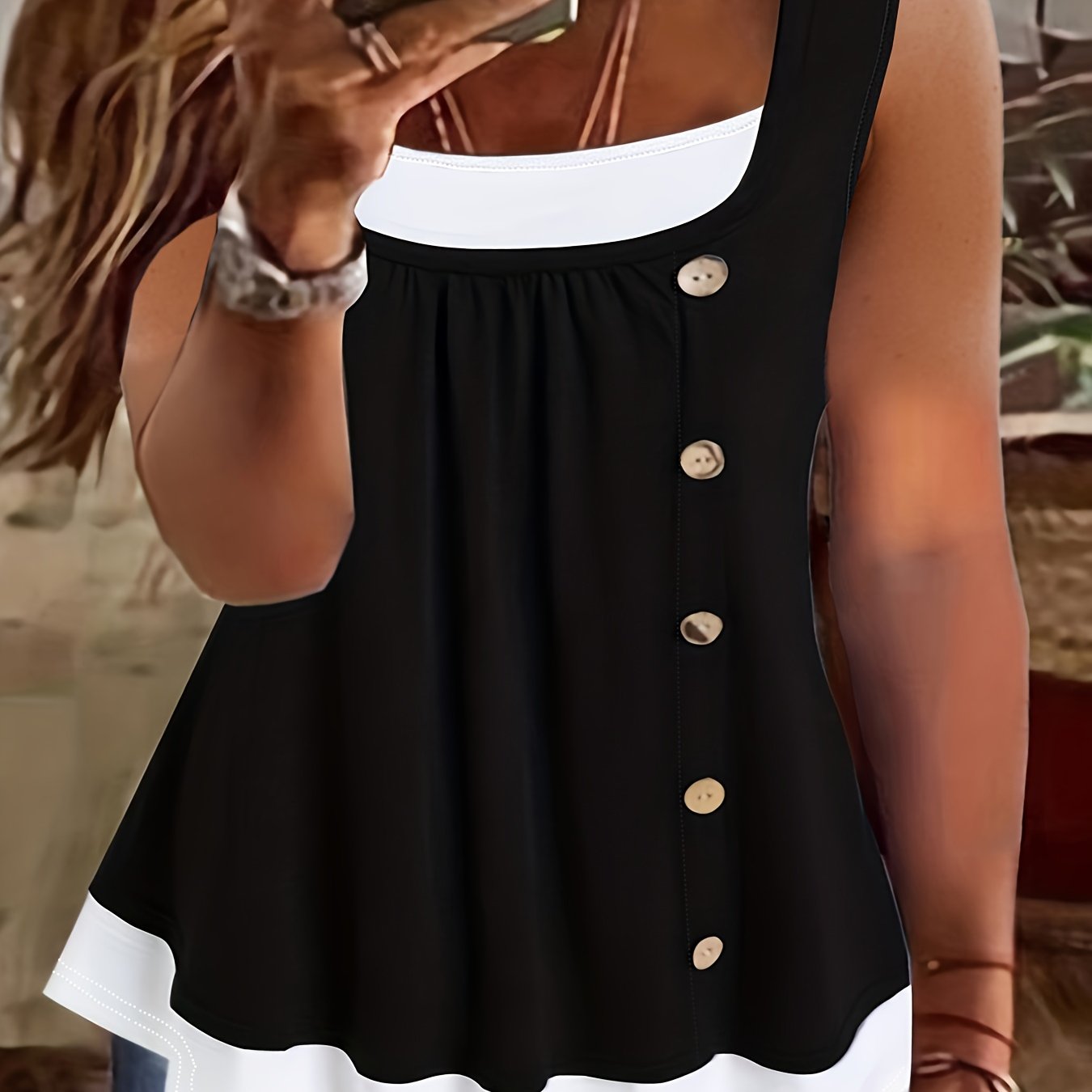 Plus Size Sleeveless Tank Top Casual Button Decor Summer Womens Clothing