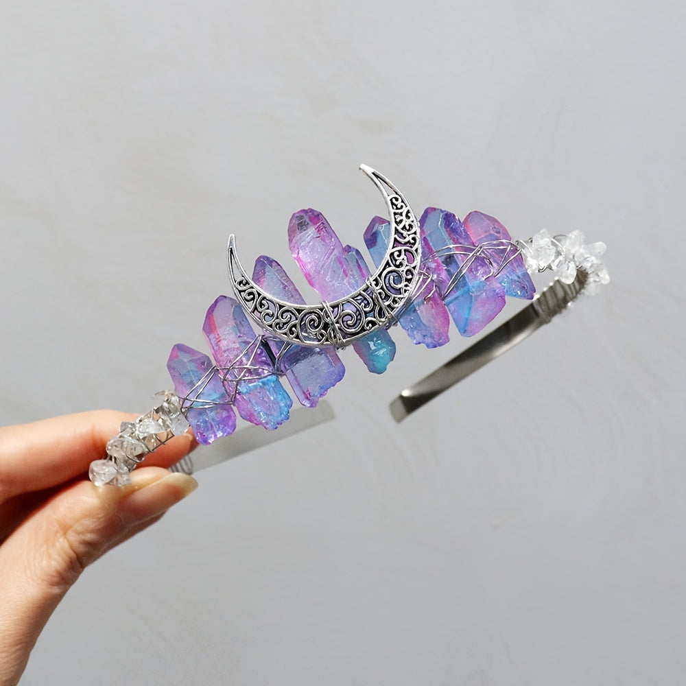 Women's Hair Accessory Headband with Natural Crystal and Moon Tiara Design