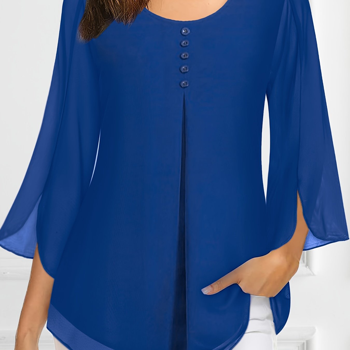 Plus Size Women's Blouse Long Sleeve Decor Button Blue All-Season Casual Formal