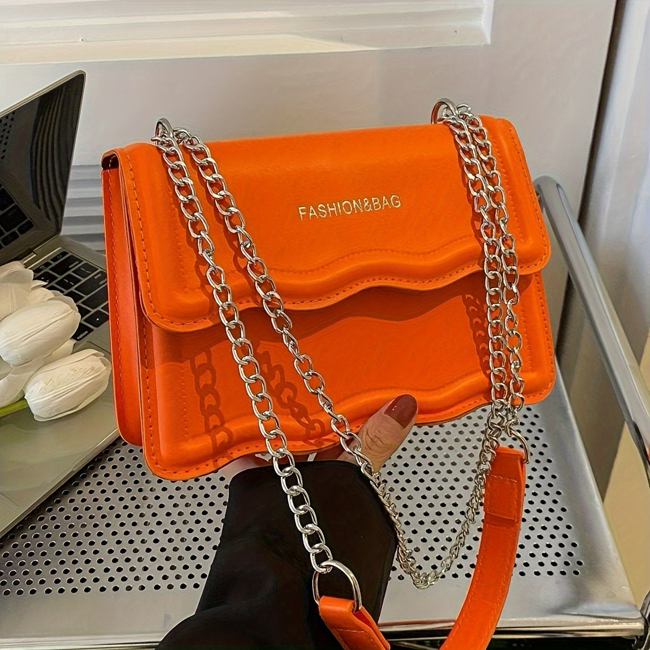 Small Square PU Crossbody Bag with Scallop Detail and Chain Shoulder Strap