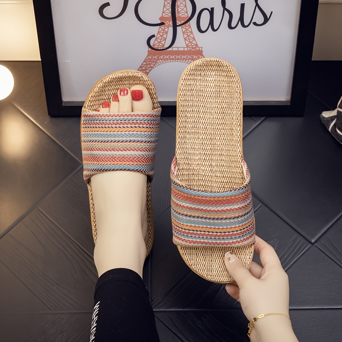 Home Slippers with Striped Pattern and Open Toe Casual Slip-On Indoor Footwear
