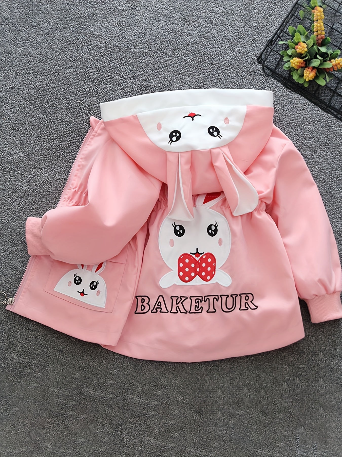 Girls' Pink Bunny Windbreaker Jacket Long Sleeve Spring Fall Non-Stretch Polyester Blend