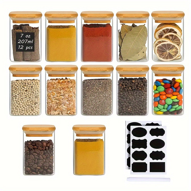 12-Piece Glass Spice Jars Set with Bamboo Airtight Lids Labels 8.5 Oz Kitchen Storage