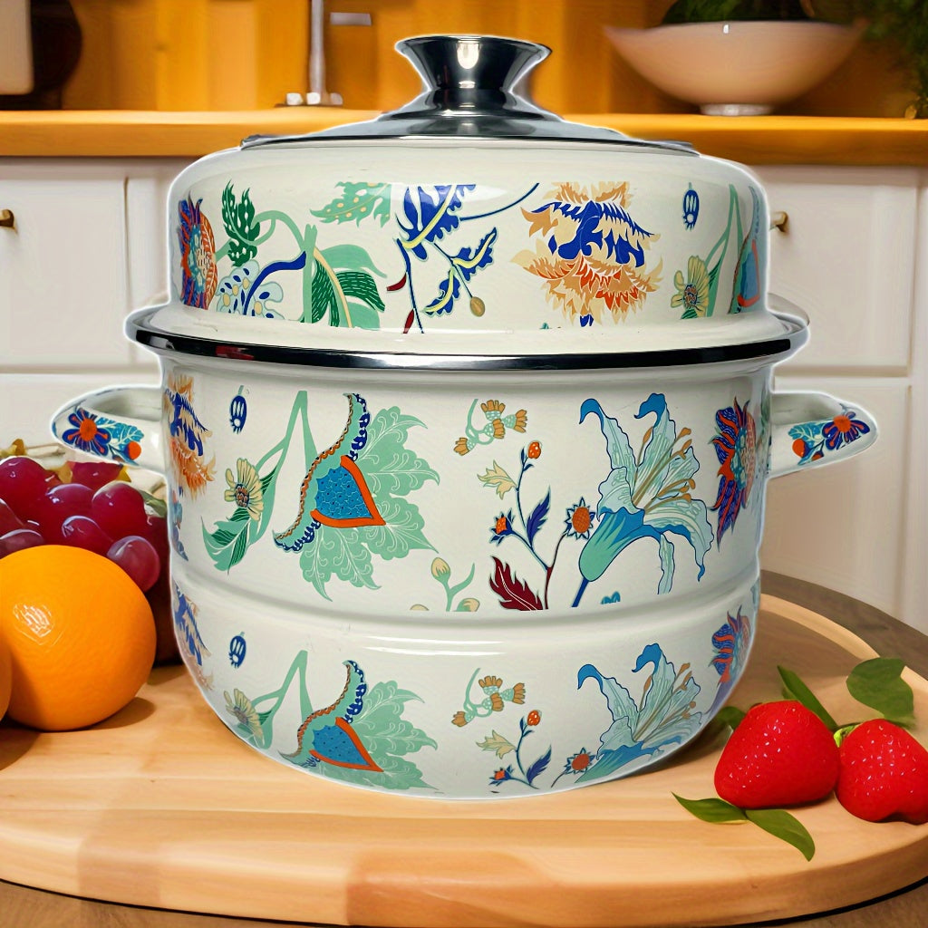 Enamel Double-Layer Steamer Pot with Lid, Multi-Functional Thickened Household Steamer for Soup and Stew