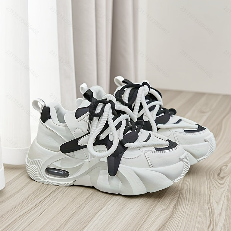 Women’s Chunky Platform Dad Shoes Beige Brown PU Sneakers All-Season Comfort