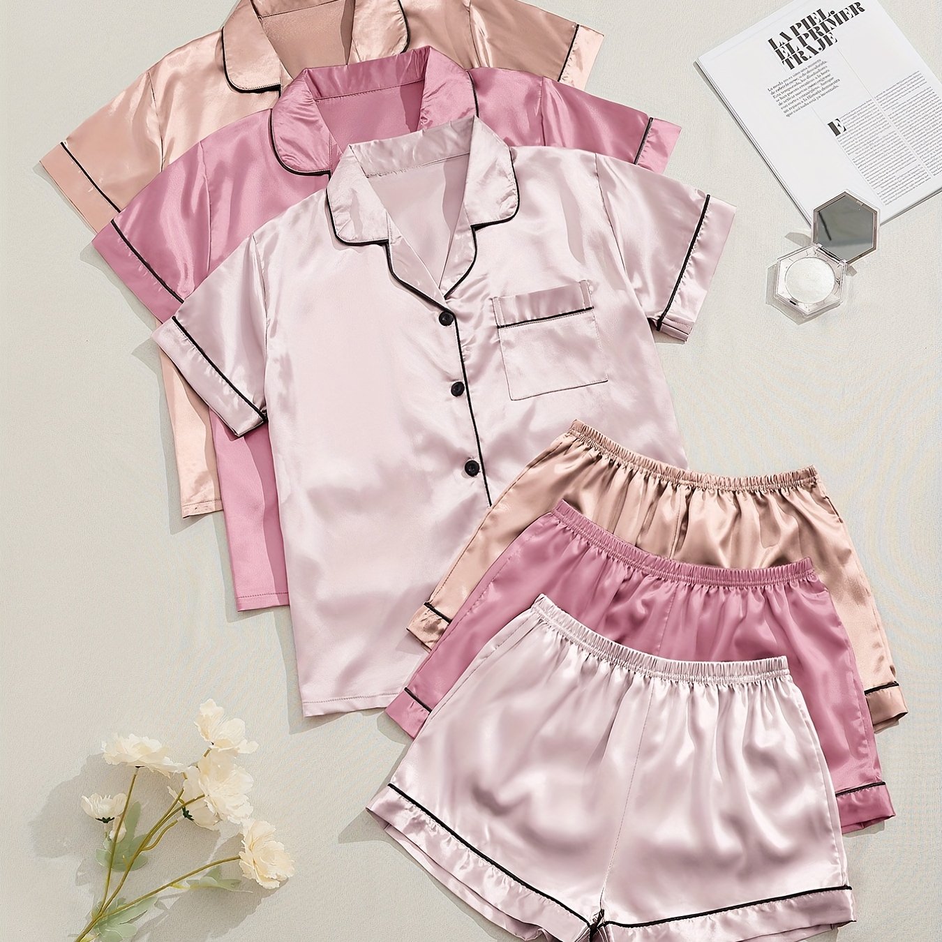 Women's Satin Pajama Set Short Sleeve Top and Elastic Waist Shorts Sleepwear Lounge Wear
