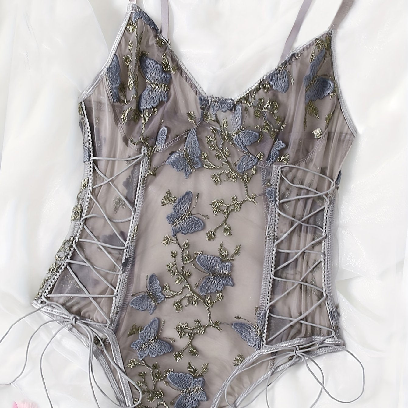 Women’s Mesh Teddy Bodysuit with Butterfly Embroidery Backless Thong Lingerie