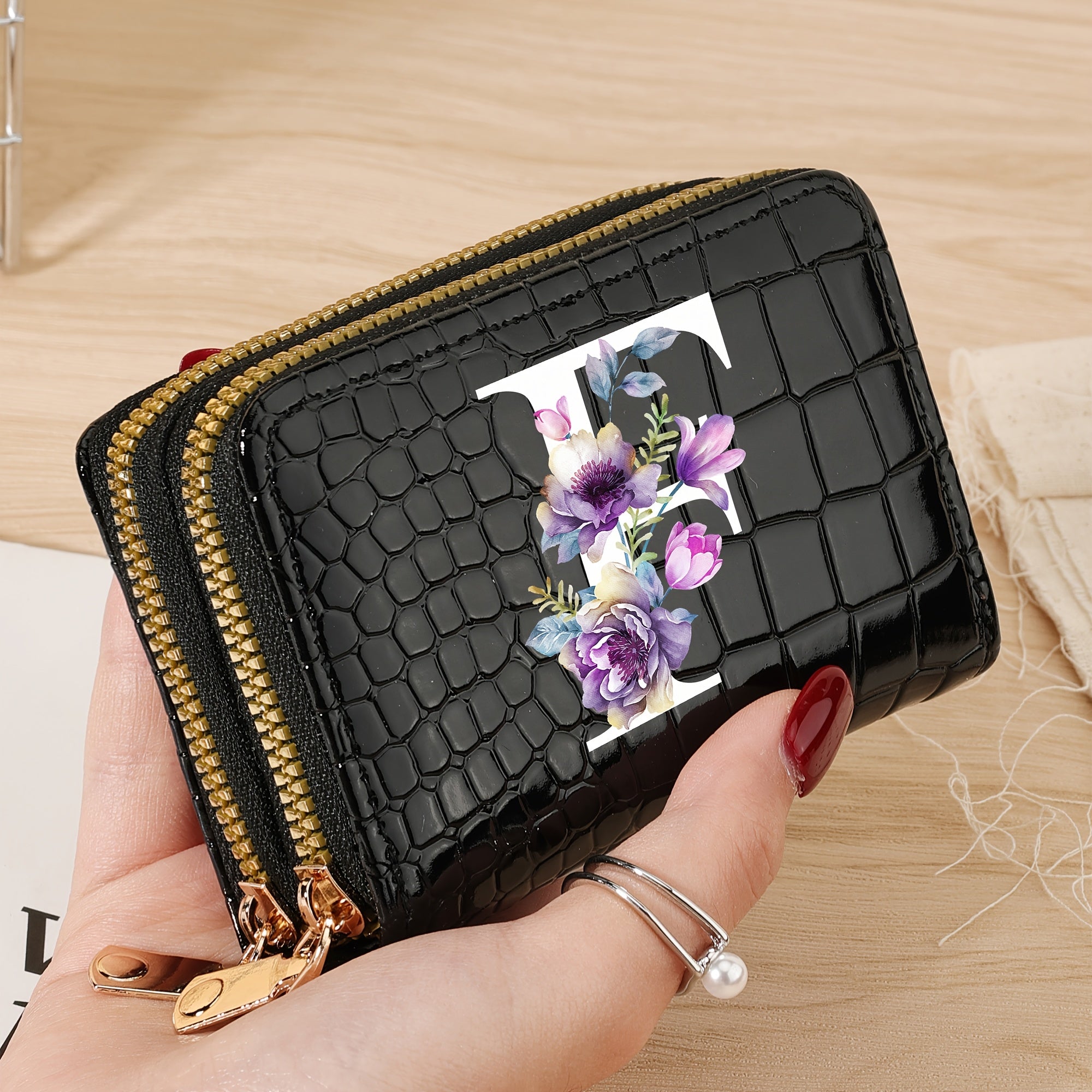 Minimalist Floral Credit Card Holder with Zipper Coin Purse for School and Back-to-School Supplies