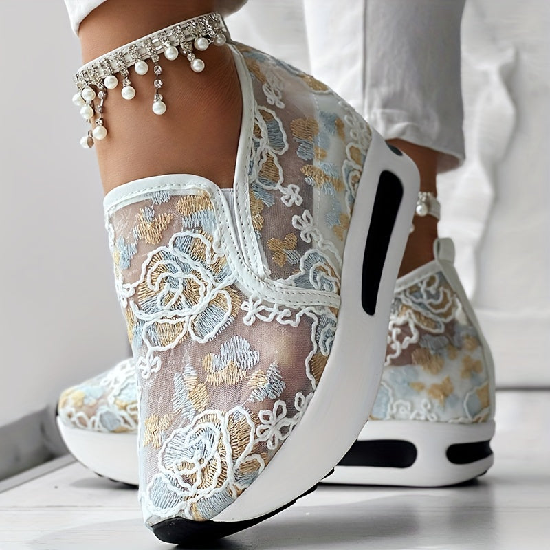 Women’s Colorful Embroidered Floral Slip-On Sneakers Breathable Fabric