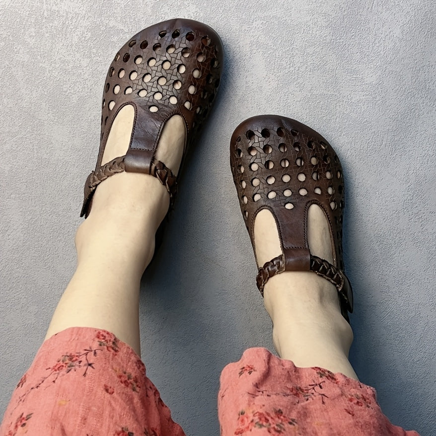 Women's Genuine Leather Mary Jane Flats with Adjustable T-Strap Breathable Summer Shoes