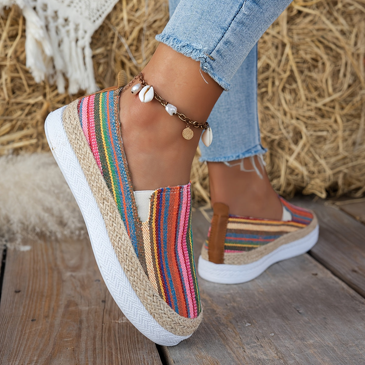 Women Bohemian Colorful Striped Flat Shoes Open-Toe Slip-On
