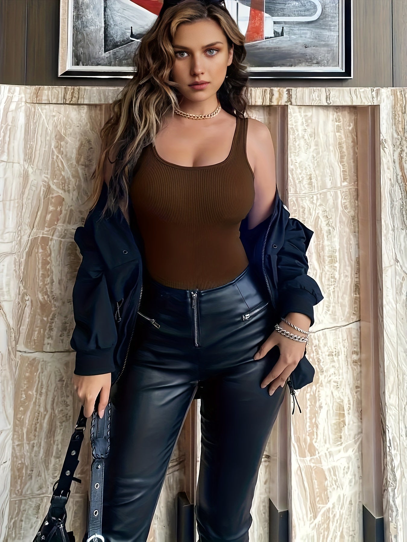 Women's Ribbed Sleeveless Jumpsuit with Square Neck and High Stretch Fabric