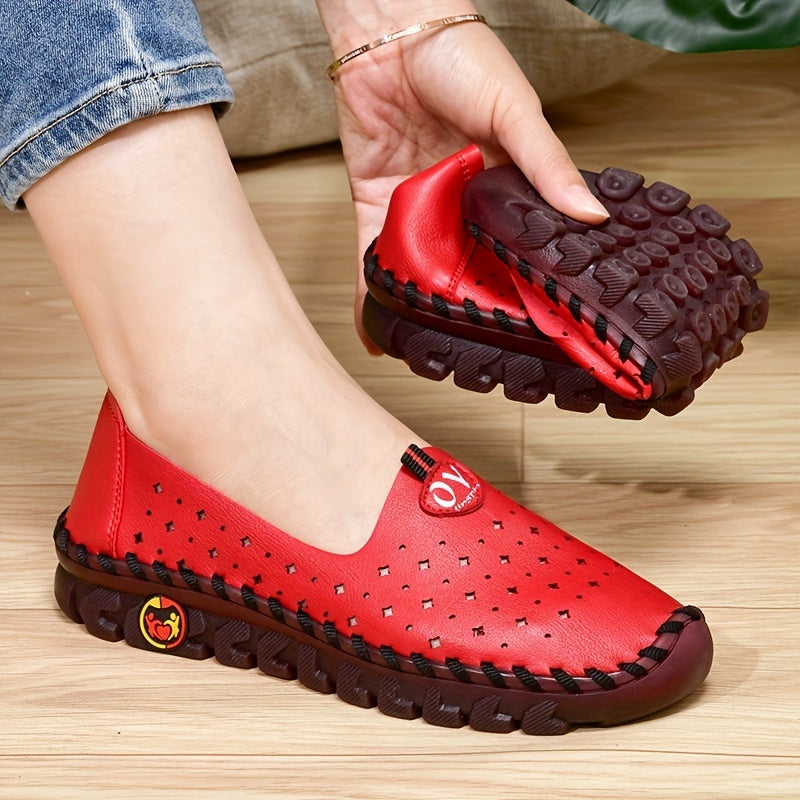 Women's Perforated Flat Shoes Solid Color Slip-On Breathable Loafers