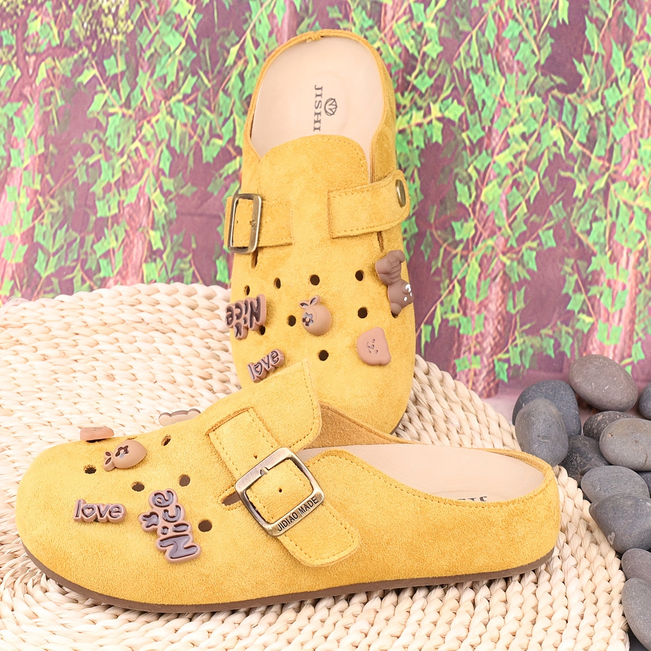 Women’s Microfiber Cartoon Letter Mule Shoes - Casual All-Season Flat Beige