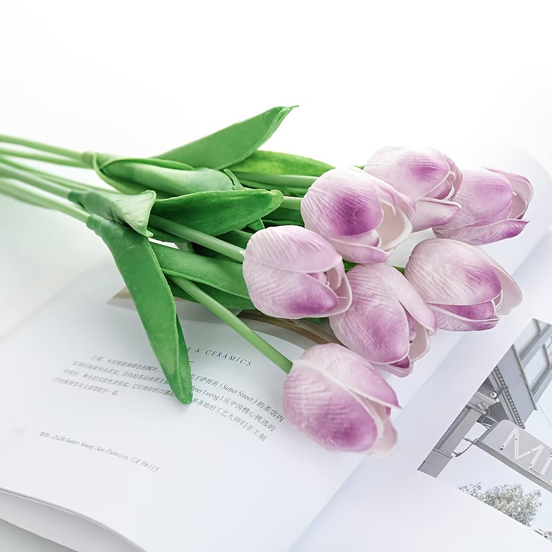 Artificial Tulips Set of 10 Real Touch Faux Flowers for Home Office Decor