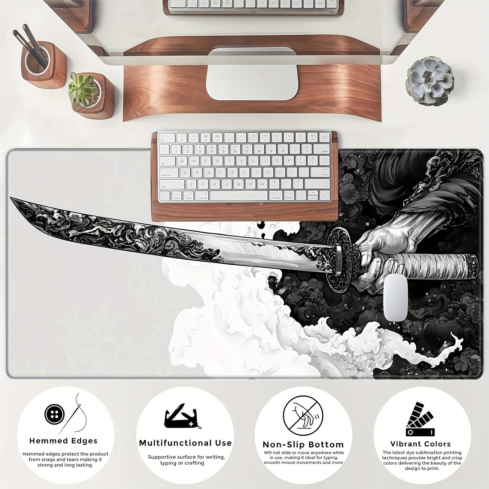 Large Japanese Samurai Sword Gaming Mouse Pad 80x30 cm Natural Rubber Desk Mat Durable Edges