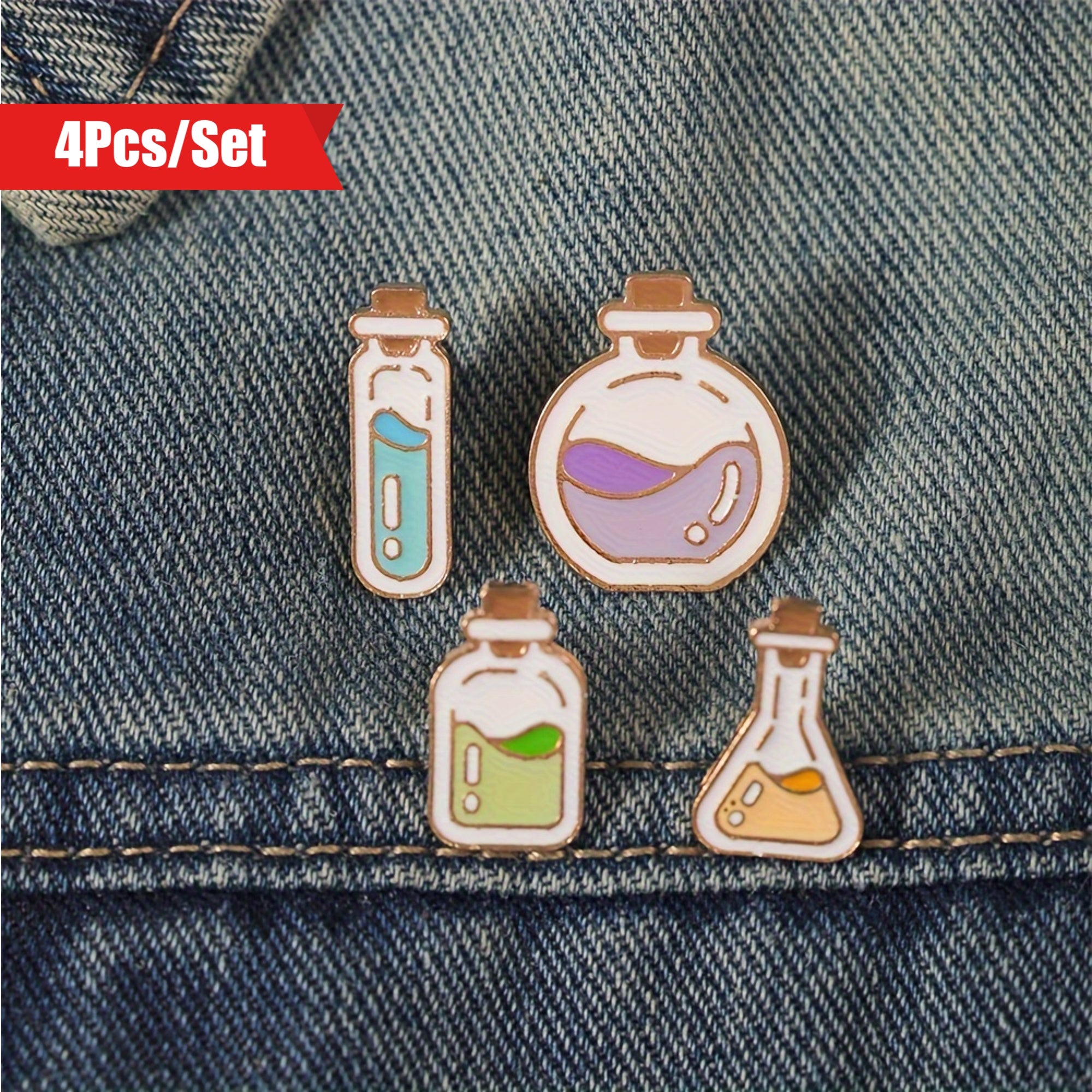 Set of 4 Cartoon Chemical Bottle Enamel Pins Alloy Brooches for Bags and Jewelry