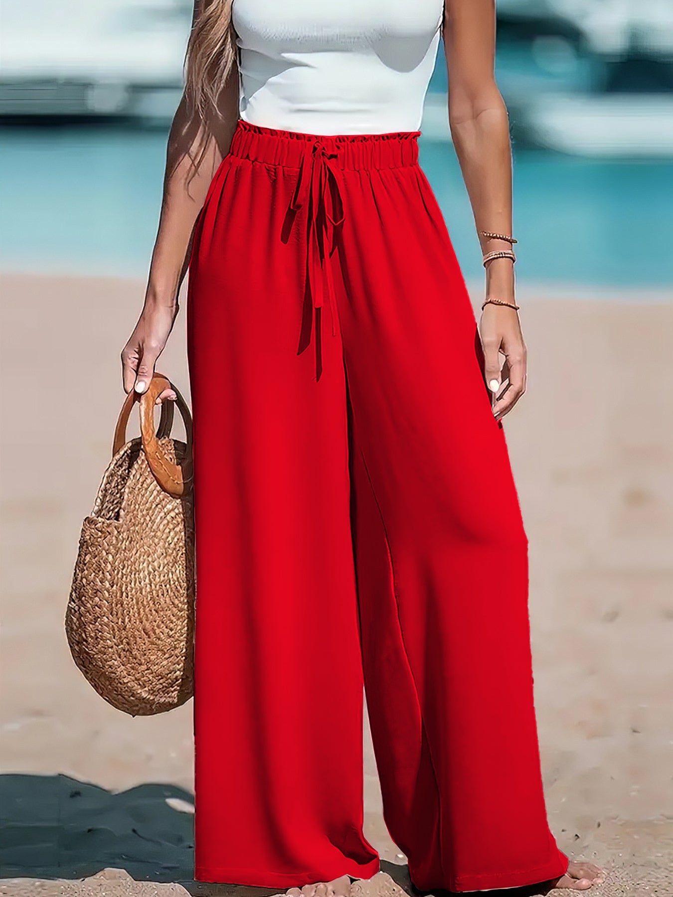 Pantalones de mujer de talla grande en verde esmeralda con pierna ancha, cintura elástica, ropa de playa y vacaciones