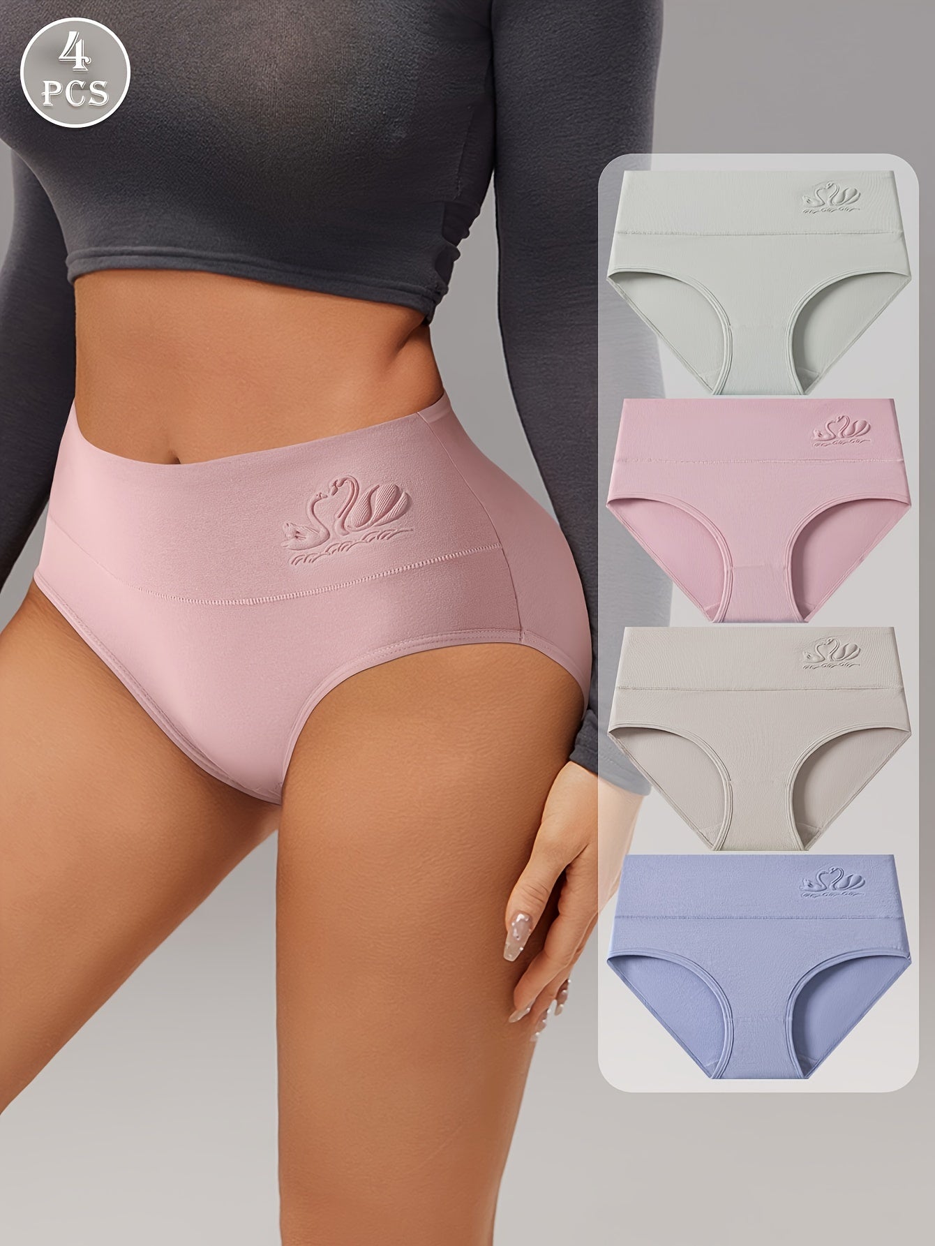 Set of 4 Women's High-Waisted Briefs in Lavender Beige Pink Comfortable Slimming Elastic Waistband