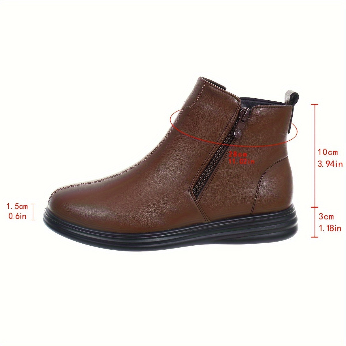 Women's Casual PU Ankle Boots with Zipper, Round Toe, Flat Heel