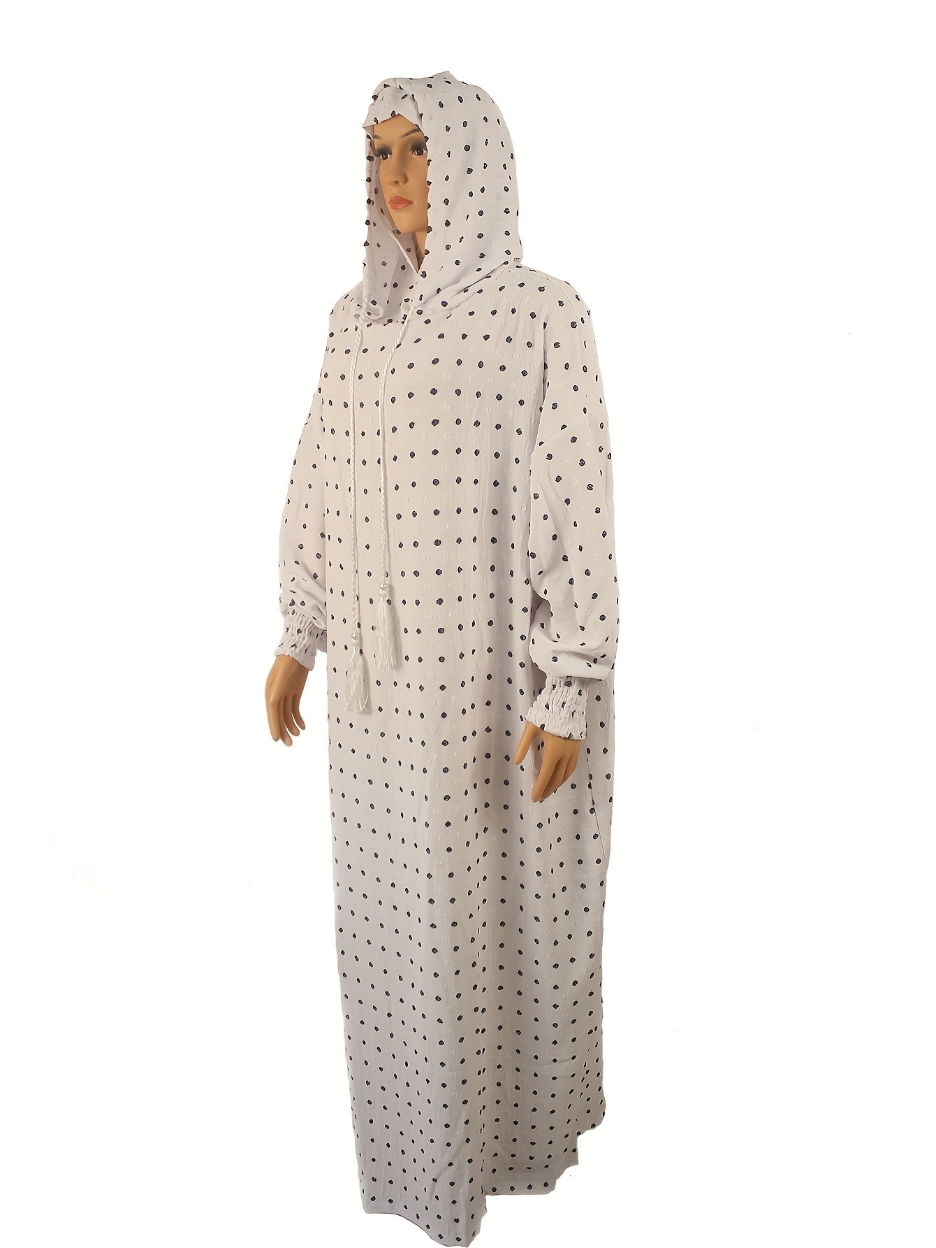 Plus o'lchamli polka nuqta abaya kaftan bo'sh fit maxi kiyim bilan kapşonli oq qora